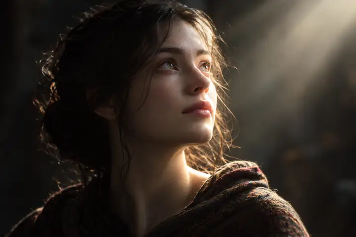 Cinematic close-up portrait turning toward a soft beam of light