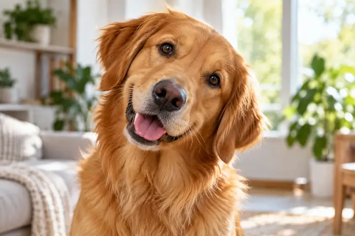 Friendly dog portrait tilting its head in a bright clean frame