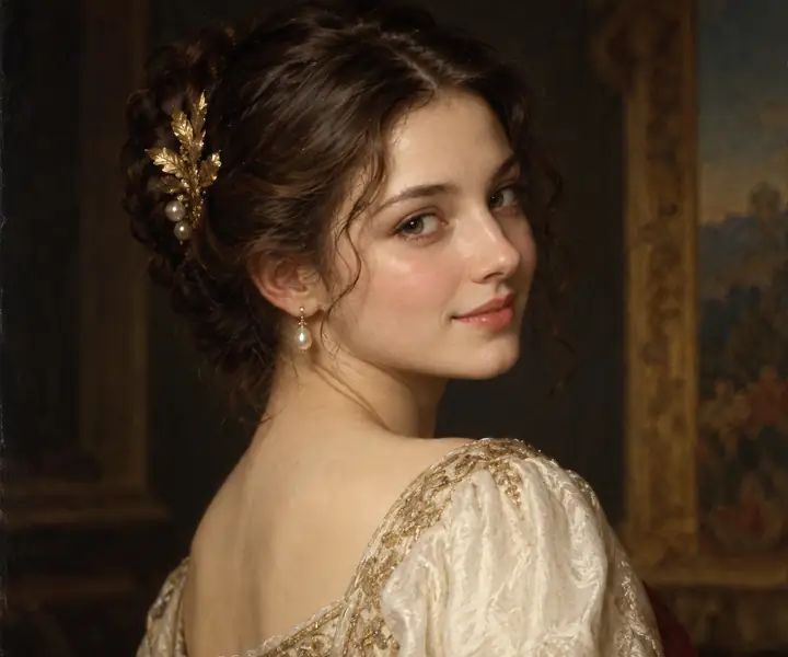 Classical painted portrait turning over one shoulder with a subtle smile