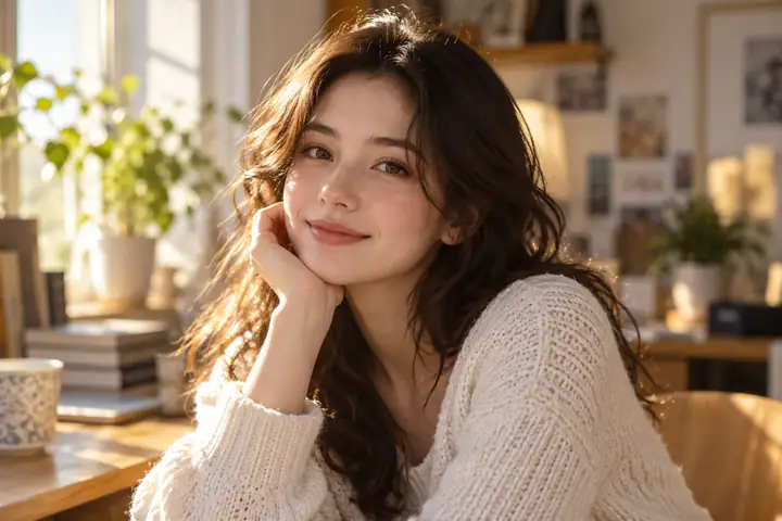 Warm studio portrait with a gentle smile and soft morning light