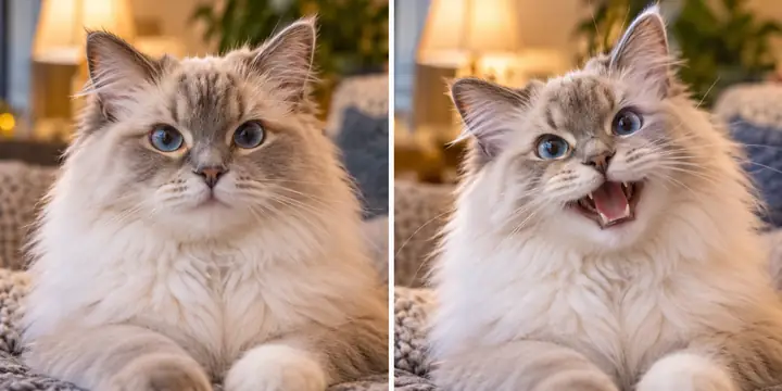 Two-panel fluffy cat portrait showing a neutral source and a lively animated expression