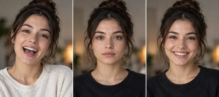 Three-panel portrait animation example with a driving face, a source portrait, and a smiling generated result