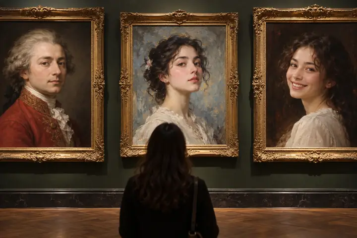 Three expressive portrait frames showing a classical portrait, a painted subject, and a smiling woman in a museum-like composition